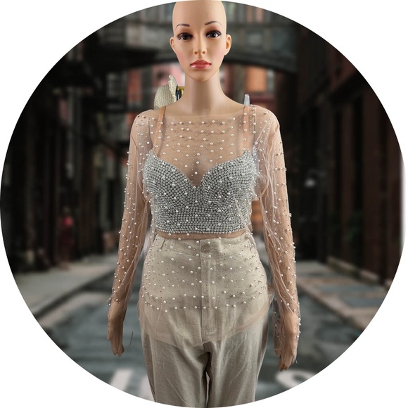 NLK Sykes Pearls diamonds Sheer Blouse with Corset